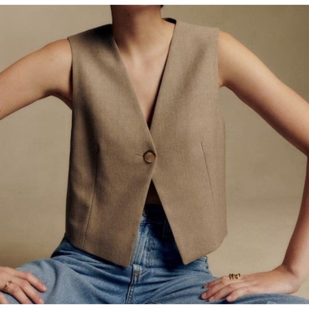 NWT Sezane Paris Fabrice Jacket Vest Wool Size 40/ US 8 Taupe Brown Crop Button